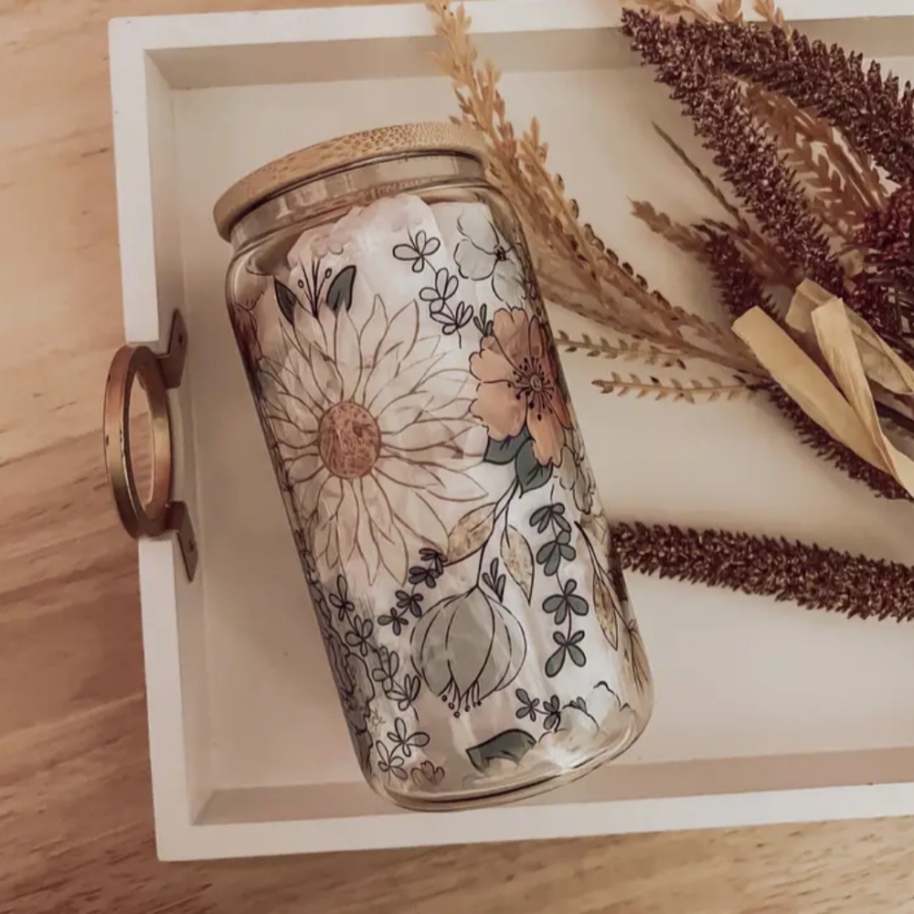 16oz Beer Can Glass Tumbler, with bamboo lid and plastic straw